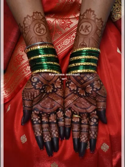 The final result is what matters most. This image shows the beautiful, dark henna stain after the paste has been removed, a testament to the quality of my organic mehendi cones. The custom initials add a personal touch.