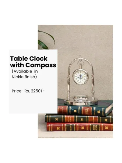 A popular gift item, this table clock with a compass in a nickel finish is a stylish and functional accessory for any desk or shelf.