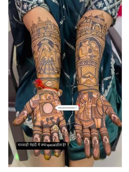 A Marwari-style bridal mehandi, this design is packed with figures and scenes, including a camera to symbolize capturing memories.