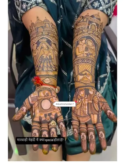 A Marwari-style bridal mehandi, this design is packed with figures and scenes, including a camera to symbolize capturing memories.