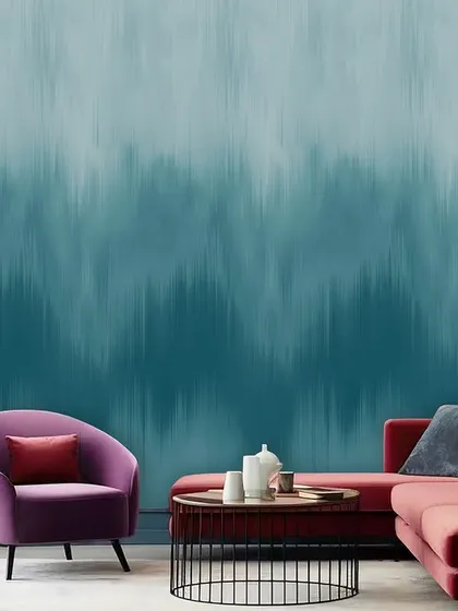 A cool and calming teal ombre with a textured, streaked effect. This design, paired with a bold red sofa, creates a striking and contemporary color contrast.