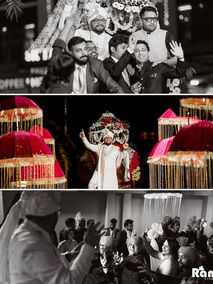 A collage capturing the energy and excitement of the groom's Baraat procession, showing him dancing with his friends and family.