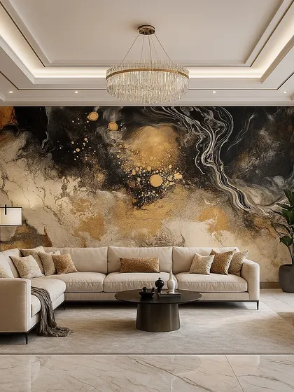 A luxurious marble design wallpaper in black, white, and gold. The abstract, galaxy-like pattern adds a dramatic and sophisticated touch to this living room.