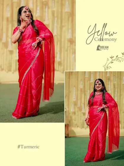 A collage of bride Ahana at her Haldi, her bright red saree a beautiful contrast to the traditional yellow theme.