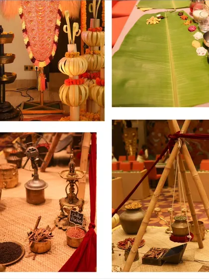 A collage of authentic details from the Sadya lunch, including spices, brassware, and the traditional way of serving food on a banana leaf. I ensure every detail is culturally accurate and beautifully presented.