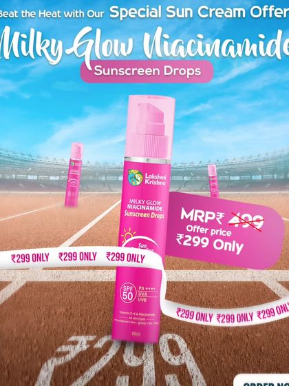 Special offer announcement for our Milky Glow Niacinamide Sunscreen Drops. This graphic highlights the product's key features and a limited-time price, making it the perfect time to try our popular sunscreen.