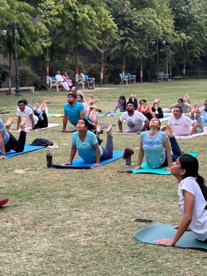 A wide shot of a park yoga session, with everyone moving in unison. There is a unique and powerful energy that comes from practicing together as a large group.