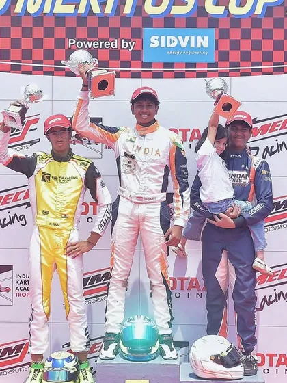The Senior Max podium from Round 1 of the Meco Meritus Cup 2025, with Ishaan Madesh taking the top step.
