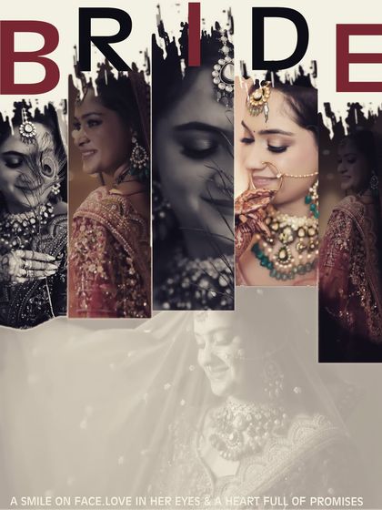 This collage tells the story of the bride's emotions on her wedding day. It combines several beautiful portraits, including black and white shots, to capture her smile, her love, and her heart full of promises.