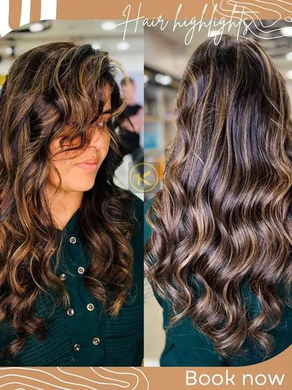 A collage of the client with the wavy balayage, showing her from the side and back. This gives a great sense of the hair's movement and color.