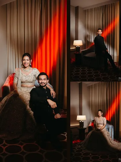 A stylish reception collage, featuring the couple in both classic seated portraits and more artistic shots with dramatic lighting.