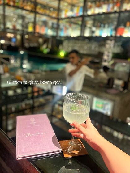 Enjoy our signature 'garden-to-glass' beverages at the stylish Asri bar. A hand holds a refreshing gin-based cocktail, showcasing the elegant glassware and fresh garnishes we use.