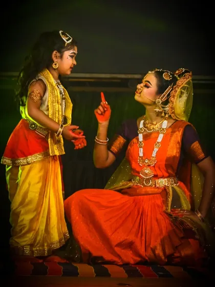 Storytelling through Abhinaya is a core part of our training. Here, a senior student as Yashoda interacts with a young Krishna in our dance drama, "Krishna – Love, Compassion, and Protection," showcasing how we pass down traditions to the next generation.