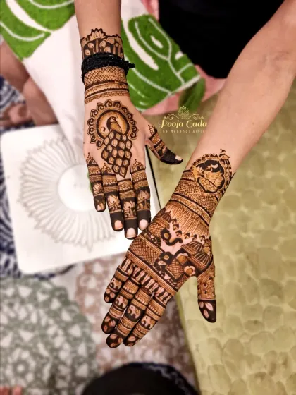 A different perspective on a festive Karwa Chauth design, showing how the patterns on the front and back of the hands complement each other to create a complete and stunning look.