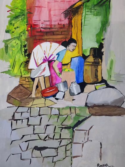 Follow a student as she creates a figurative painting using poster colors, capturing a scene from daily life with a unique style.