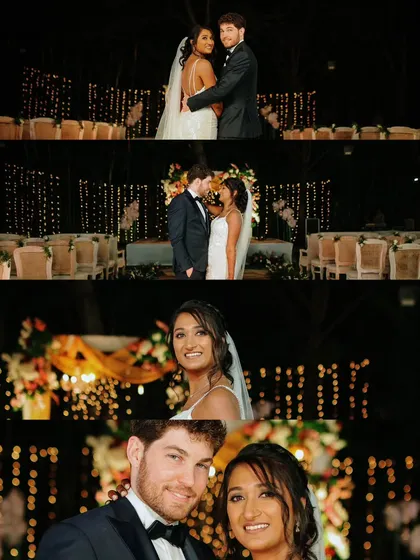 A collage of a couple's reception, showing their romantic dance, portraits, and the beautifully lit decor of the evening.
