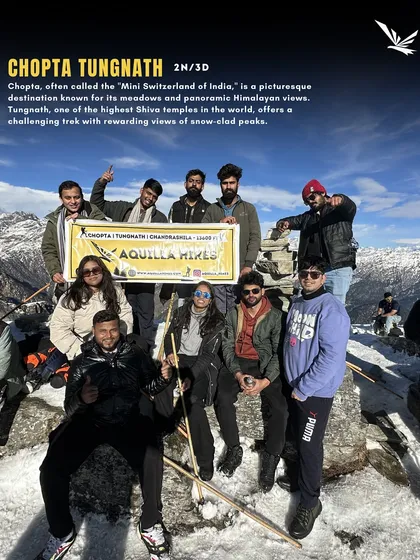 A group photo from our Chopta-Tungnath trek, a 2-night, 3-day adventure that offers a perfect mix of meadows, panoramic views, and a challenging yet rewarding summit.