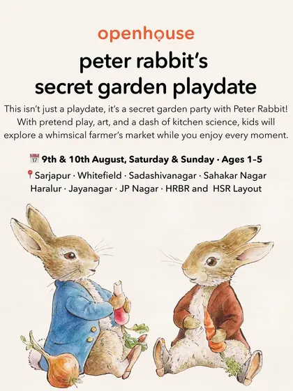 Stay updated with our upcoming events. These posters give you a peek into the exciting, themed playdates we have planned, from Peter Rabbit's Garden Party to a Brik Oven Pizza Making day.