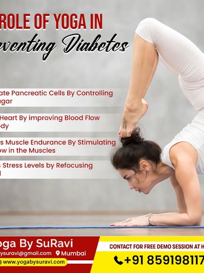We teach how yoga can play a role in preventing diabetes by helping to control blood sugar, improve blood flow, and reduce stress levels.