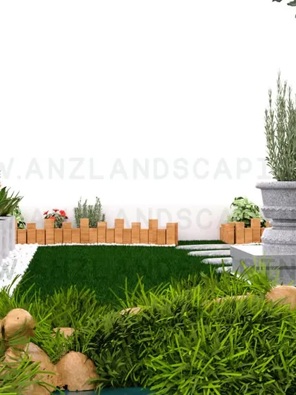 Another perspective from the 3D model, focusing on the rock-lined pond and a decorative urn planter. These detailed views allow for refinement of every element.