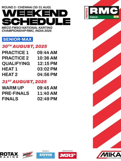 The official weekend schedule for the Senior Max class at Round 3. Our race weekends are tightly organized to maximize track time and ensure smooth operations.