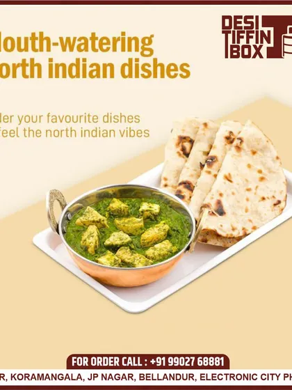 Enjoy mouth-watering North Indian dishes like this Palak Paneer served with soft naan. It’s a classic combination that brings authentic North Indian vibes to your meal.