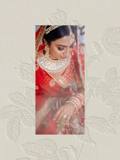 An artistic edit of a bride's portrait, framed by a textured, embossed floral pattern.