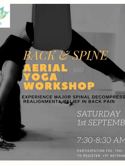 This poster details my specialized Back and Spine Aerial Yoga Workshop. These sessions combine floor work and hammock poses specifically designed for spinal decompression, realignment, and pain relief.