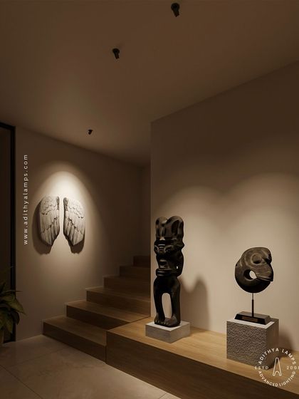A duplicate of image 37, this view again shows how our recessed spotlights can be used to create a sophisticated, gallery-like atmosphere by precisely highlighting art and sculptures.