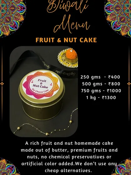 The Diwali special Fruit & Nut Cake, available in various sizes. It's a rich, buttery cake made with premium fruits and nuts, with no artificial preservatives.