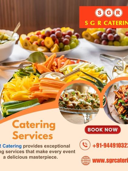 Our exceptional catering services make every event a delicious masterpiece. This collage shows a variety of our offerings, from fresh fruit platters to appetizers.
