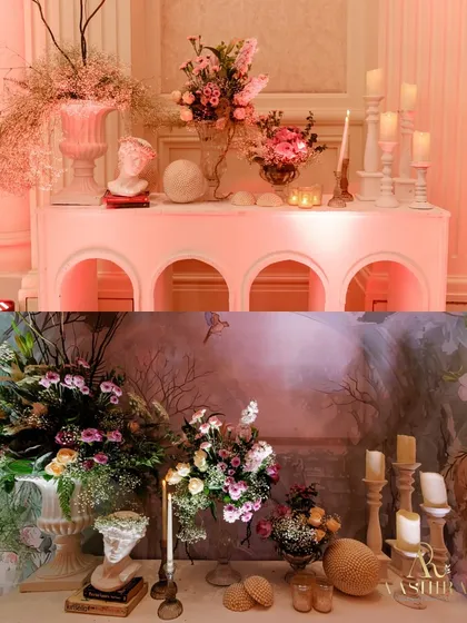 A collage showing the artistic details of the decor, with classical busts, candles, and floral arrangements set against both a simple arched console and a moody, painted backdrop.