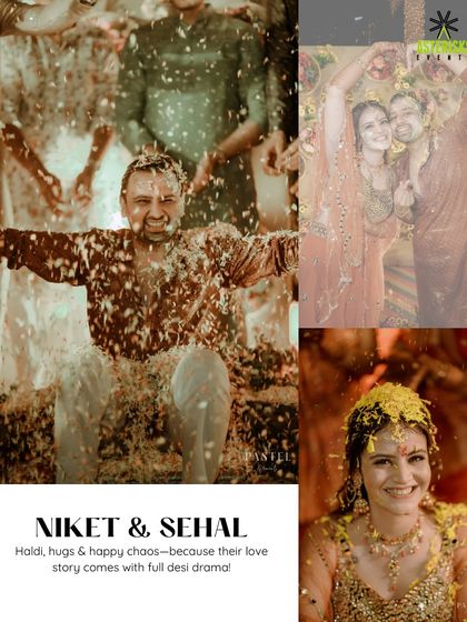 Haldi, hugs, and happy chaos! This collage captures the pure, uninhibited fun of a Haldi ceremony, with the couple drenched in turmeric and love.