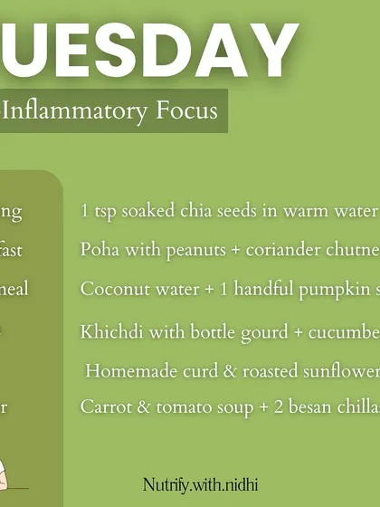 Tuesday is all about anti-inflammatory foods. We start with soaked chia seeds and have poha for breakfast, followed by a light khichdi with bottle gourd for lunch. The day ends with a carrot and tomato soup with besan chillas to calm inflammation.