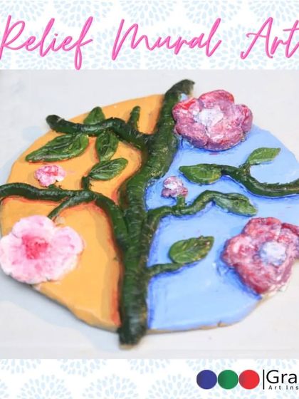 This beautiful floral relief mural was created by our young artists Madhura and Gayathry. Our classes introduce students to various art forms, including 3D mural making.