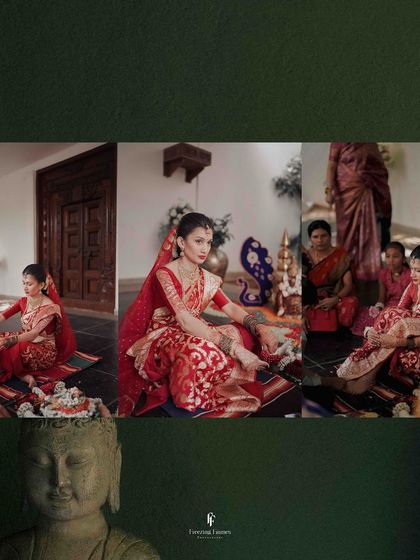 A collage of the bride during her wedding ceremony, seated on a mat and participating in rituals.