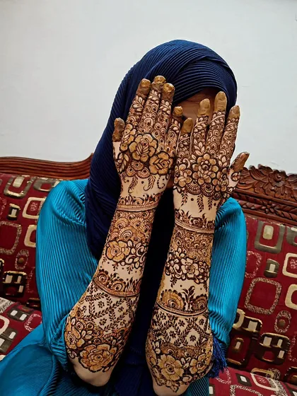 A stunning engagement henna design for a beautiful bride-to-be, with full coverage up to the elbows.