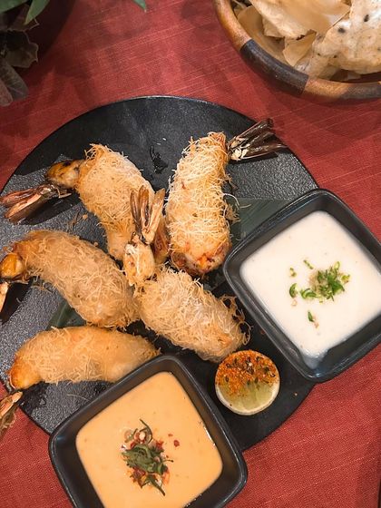 The Shrimp Kataifi at The Spice Route. This photo focuses on the unique texture of the dish, a crispy shredded phyllo dough wrapping, which makes it visually intriguing.