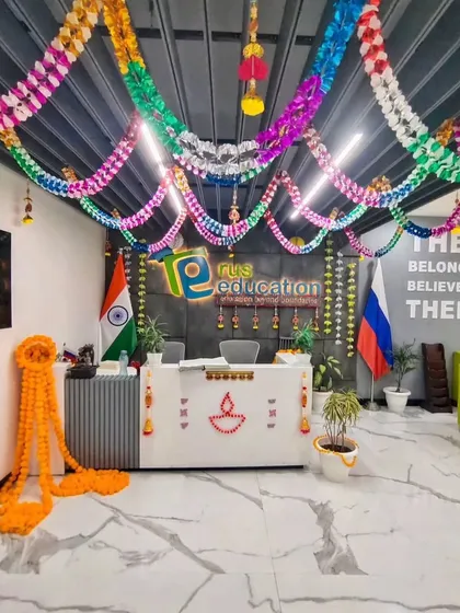 The reception is the face of your office, and I make sure it looks its best during festivals. This is a Diwali decoration I did for a reception area, using colorful streamers and traditional motifs to create a vibrant look.