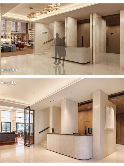 The reception desk at Elevate, shown from concept to completion. The finished product perfectly realizes the clean lines, fluted details, and minimalist elegance of the initial render.