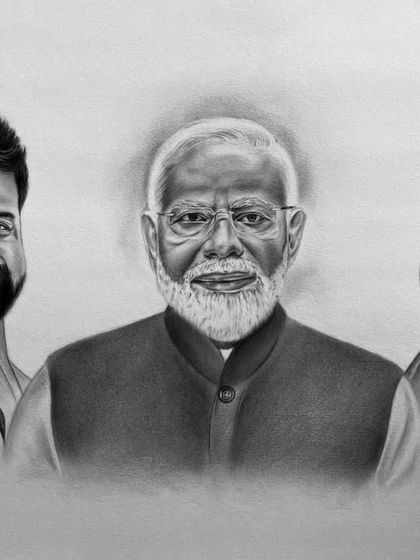 A commissioned charcoal portrait featuring C.T. Ravi, Prime Minister Narendra Modi, and Yogi Adityanath. Charcoal allows for deep blacks and soft gradients, perfect for realistic portraits.