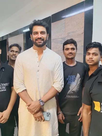 My team with the talented Sharad Kelkar and Maniesh Paul during a festive catering event. I'm proud to be the caterer of choice for elite clients and celebrities.