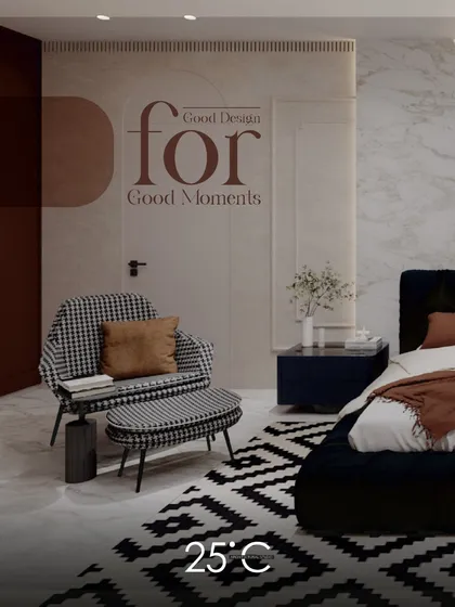 This graphic overlay, "Good Design for Good Moments," captures the essence of this stylish bedroom. The design pairs a comfortable reading chair with a modern bed, creating a perfect corner for quiet moments.