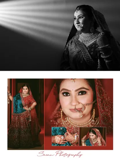 A wedding album layout featuring a mix of dramatic black and white portraits and vibrant color shots of the bride.