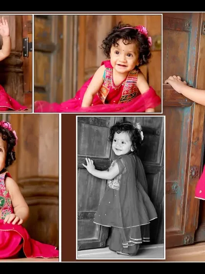 A collection of moments from a baby girl's photoshoot in a vibrant pink traditional outfit, capturing her playful energy.