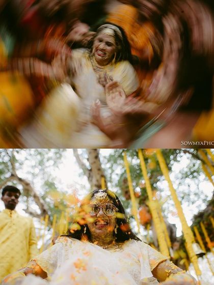 A creative collage from a Haldi ceremony, using motion blur and low angles to capture the dizzying fun and energy of the event.