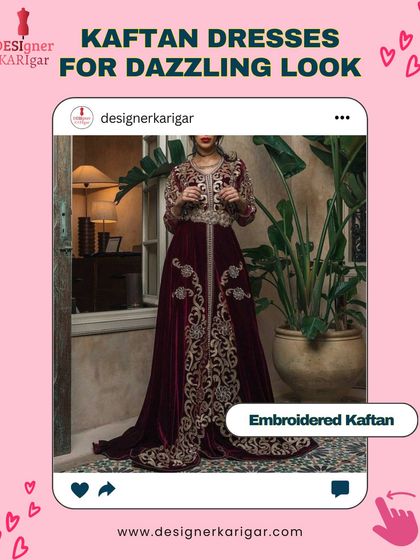 A luxurious floor-length embroidered kaftan in a deep maroon velvet. The heavy gold embroidery makes it suitable for formal events or weddings.