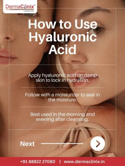 This infographic shows how to properly use Hyaluronic Acid. For best results, apply it to damp skin and follow with a moisturizer to seal in the hydration.