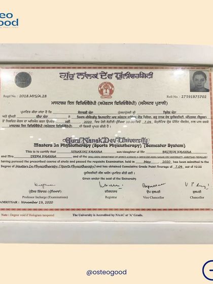 My Masters in Physiotherapy (Sports Physiotherapy) degree from Guru Nanak Dev University. This advanced degree provides me with specialized knowledge to treat athletes and complex sports injuries effectively.