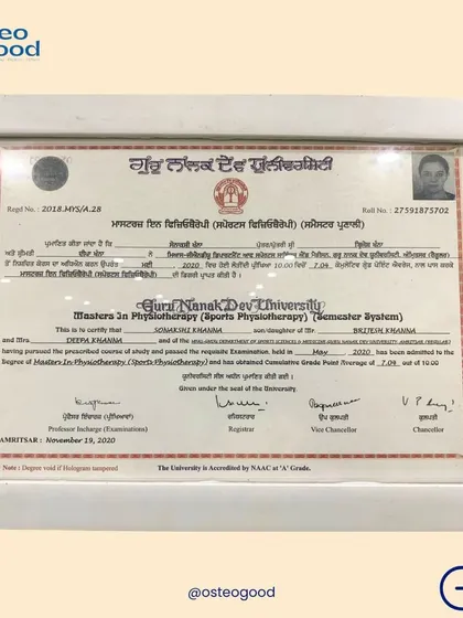 My Masters in Physiotherapy (Sports Physiotherapy) degree from Guru Nanak Dev University. This advanced degree provides me with specialized knowledge to treat athletes and complex sports injuries effectively.